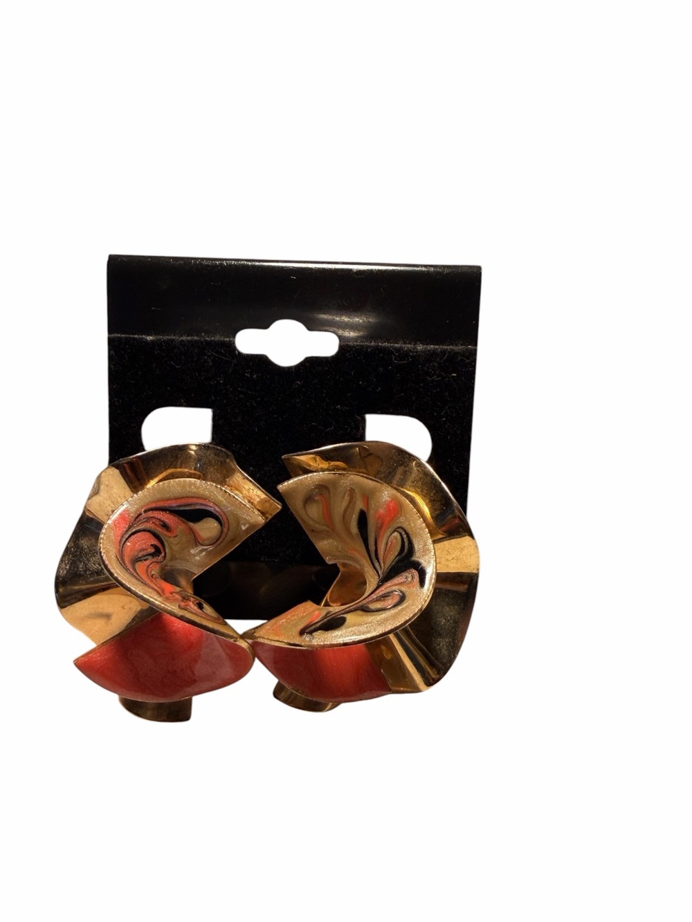 Gold-tone Swirl Clip-on Earrings with Red and Black Accents
